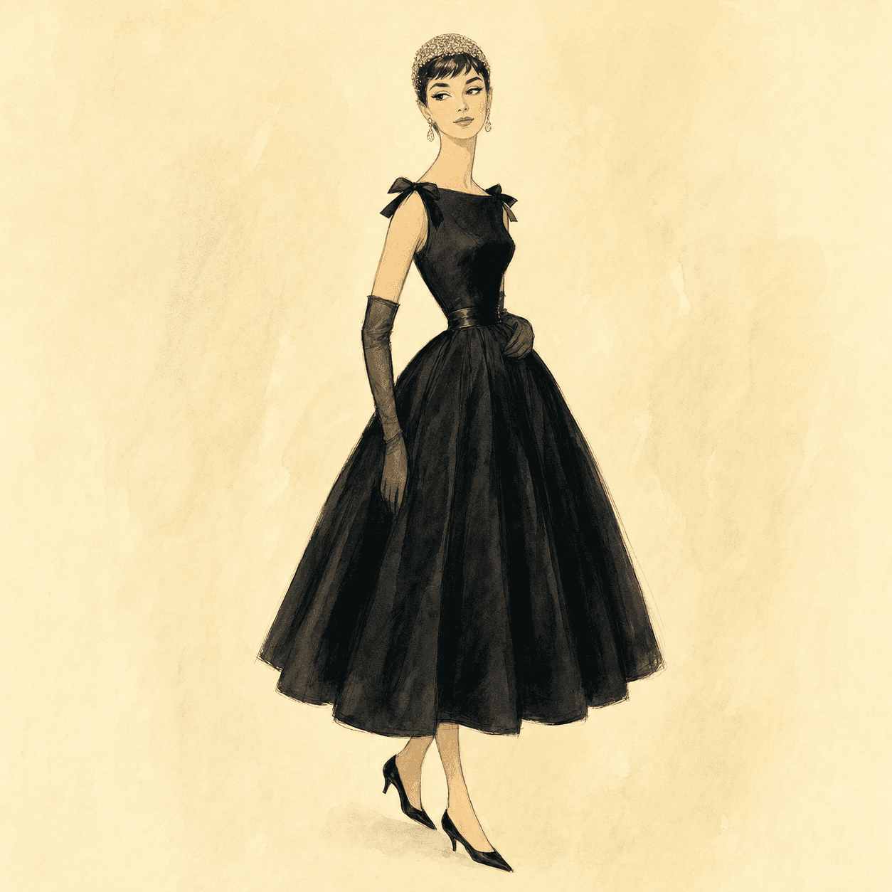 Watercolor fashion plate of the 1954 Givenchy Sabrina dress: black bateau-neck cocktail dress with shoulder bows, nipped waist, and ballerina-length tulle skirt